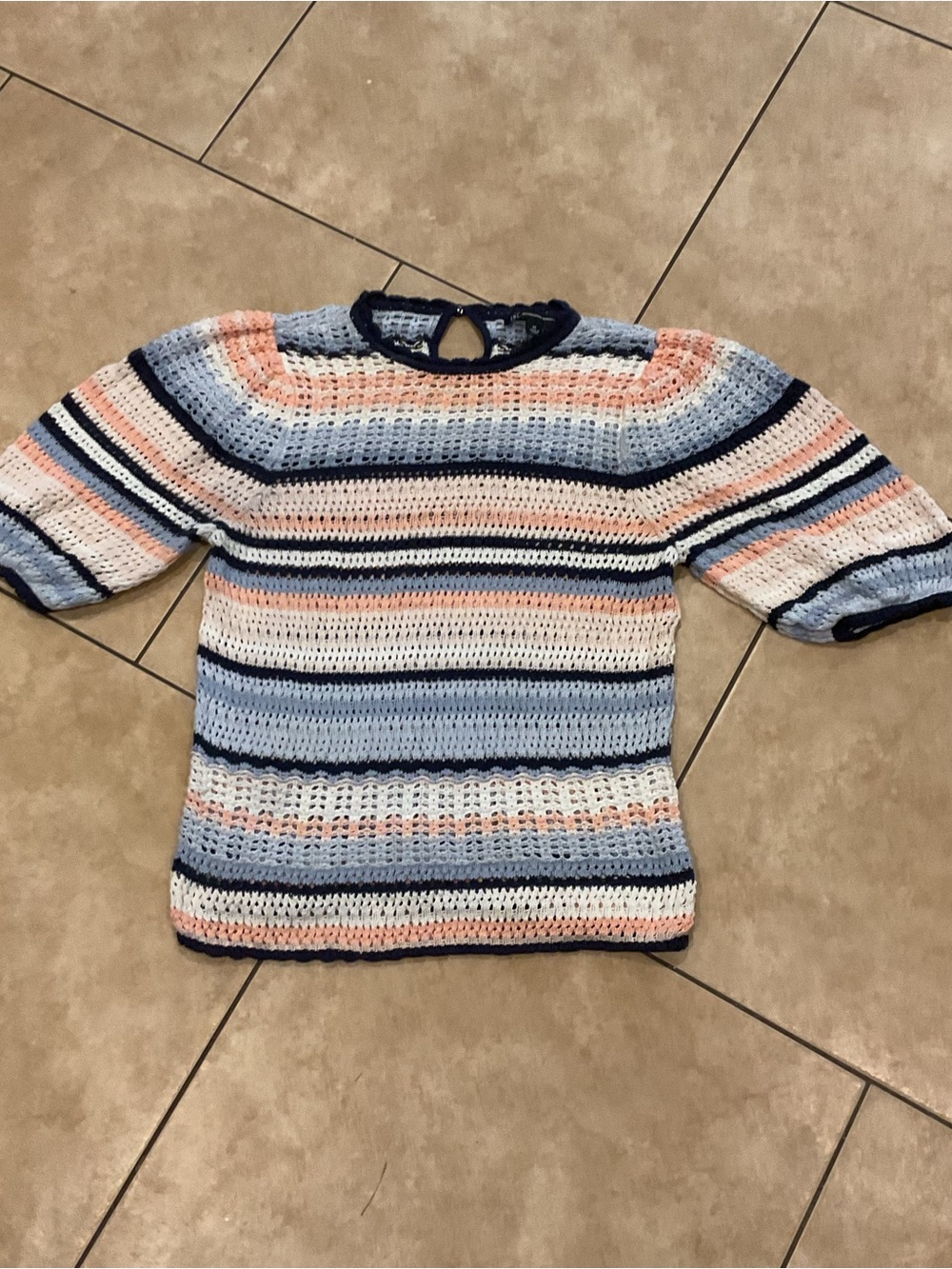 Striped Open-Knit Short Sleeve Sweater - Light Blue & Peach 70s vibe